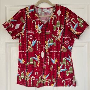 Disney Red and Green Tinkerbell Scrub Top